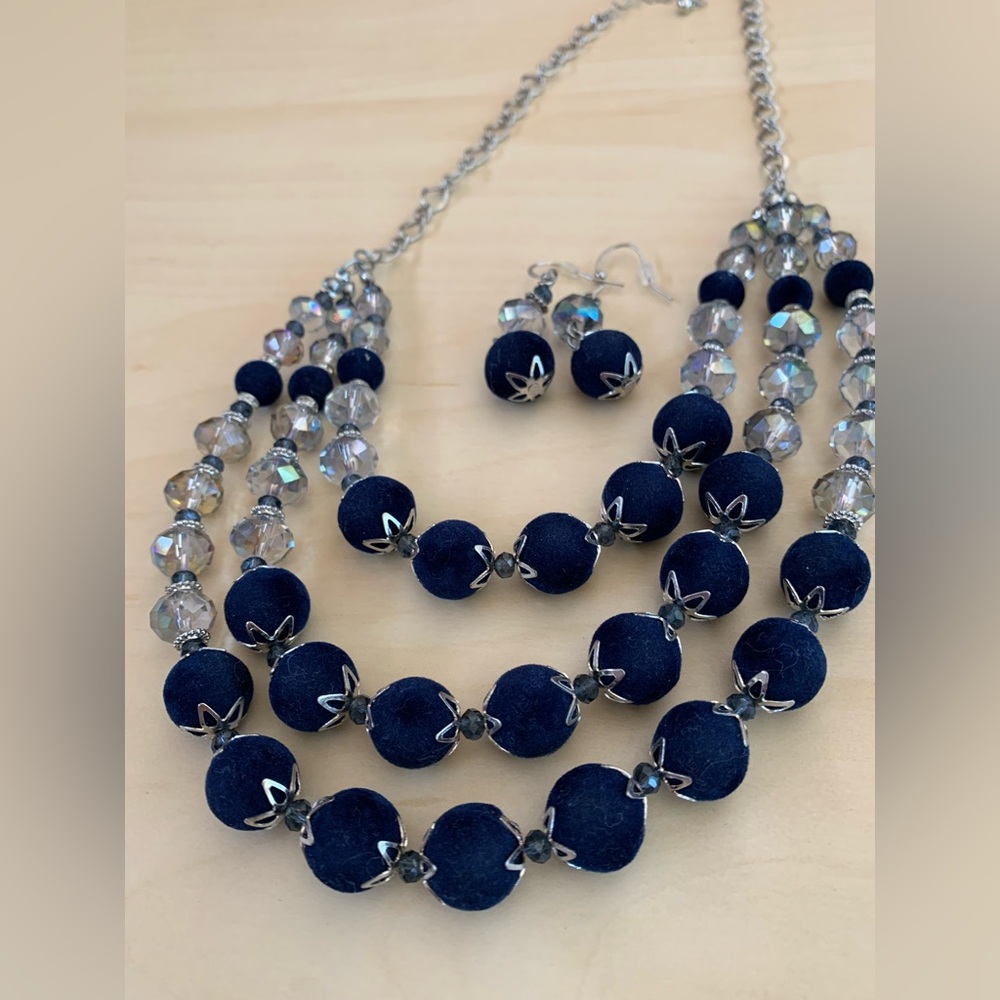 Necklace Earrings 3 Strand Clear Glass Aurora Borealis Blue Fabric beads